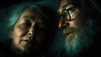 Elderly bearded man with glasses and mature woman in dramatic green lighting creating mysterious atmospheric portrait for storytelling projects.