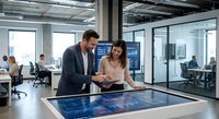 Professional business team analyzing data on interactive touchscreen display in modern corporate office environment with colleagues working in background.