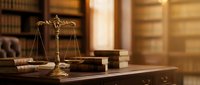 Golden scales of justice on wooden desk in law library with legal books and warm lighting for attorney office and courthouse concepts.
