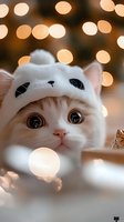 Adorable kitten wearing white panda hat with warm bokeh lights creating magical holiday atmosphere for festive greeting cards and seasonal marketing.