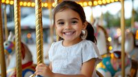 Cheerful young Hispanic girl with bright smile riding carousel at amusement park, holding golden pole, wearing white dress against blurred festive lights background.