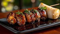 Grilled chicken yakitori skewers glazed with sweet soy sauce, garnished with chopped green onions and sesame seeds served on black plate in restaurant setting.