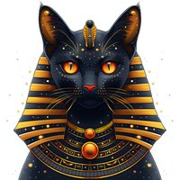 Egyptian black cat with pharaoh headdress, golden cobra symbol, amber eyes, and ornate collar against white background for mystical art designs.