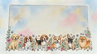 Watercolor card with cute dogs, flowers, and blank space for text. Golden retriever, beagle, corgi, pug, and pomeranian in floral border.