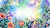 Watercolor tropical foliage frame with vibrant flowers, palm leaves, and botanical elements surrounding white center space, suitable for invitations, greeting cards, and design projects.