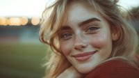 Young woman with freckles and blonde hair smiling warmly at sunset, wearing red sweater, natural beauty portrait with soft bokeh lights and golden hour glow.