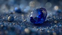 Brilliant blue sapphire gemstone on sparkling dark surface with water droplets and bokeh effect, showcasing luxury jewelry detail.
