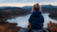 Young woman in blue hoodie sitting on cliff edge overlooking scenic autumn lake and mountain landscape at sunset, back view capturing solitary peaceful moment.