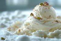 Creamy vanilla ice cream scoops garnished with crushed pistachios on powdered sugar background, macro shot showing smooth texture and delicate nutty topping.