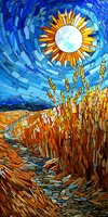 Mosaic style landscape with golden wheat field under bright sun and blue sky, featuring stained glass effect pattern. Artistic nature scene in vibrant orange and blue tones.