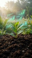 Green plant seedling with digital sustainability metrics and growth charts overlay representing eco-friendly business development and carbon offset strategies.