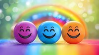 Colorful smiling emoji balls in purple, blue, and orange against rainbow background with bokeh lights, representing happiness and positive emotions.