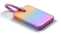Colorful iridescent rainbow luggage tag with pink cord isolated on white background for travel accessories and identification.