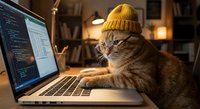 Orange tabby cat wearing yellow knit beanie and glasses working on laptop computer with code on screen in cozy home office setting at night.
