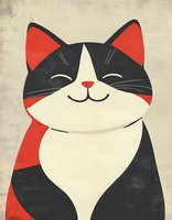 Retro style cat illustration with closed eyes and happy expression on vintage textured background for greeting cards and home decor projects.