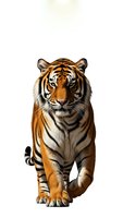 Majestic tiger walking forward on isolated white background, powerful big cat with orange and black stripes, wildlife predator for design projects.