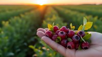 Fresh cranberries in cupped hands at sunset over agricultural field rows. Organic berry harvest concept for healthy eating and farming industry.