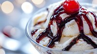 Creamy vanilla ice cream sundae topped with dark chocolate sauce and maraschino cherry, served in glass bowl against soft bokeh background.