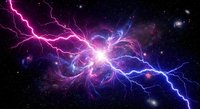 Cosmic lightning storm with electric bolts and energy discharge in deep space nebula with stars and galactic dust clouds creating spectacular celestial phenomenon.