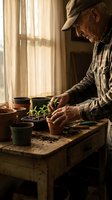 Senior Caucasian male gardener in cap transplanting seedlings at wooden workbench by window in warm sunlight for spring planting and organic farming.