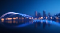 Modern bridge with blurred city skyline reflecting in calm water at dusk, illuminated by blue lights creating dreamy urban landscape with bokeh effect.