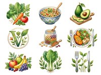 Healthy eating collection with fresh vegetables, nutritious meals, avocado toast, fruit bowl, legume drink, and dining utensils isolated on white background for wellness and diet design projects.