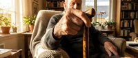 Senior man with gray beard and wrinkled skin sitting indoors, holding wooden cane, wearing cardigan sweater, contemplative pose in home library setting.