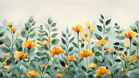 Delicate yellow wildflowers and eucalyptus leaves create gentle botanical pattern on light background. Watercolor floral composition with soft green foliage and golden blooms.