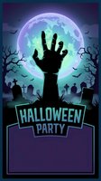 Halloween party poster with zombie hand emerging from graveyard under full moon. Spooky cemetery scene with bats, tombstones and bare trees for horror event promotion.