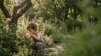 Young boy exploring nature garden path surrounded by blooming flowers and green foliage during golden hour sunlight creating peaceful outdoor childhood moment.