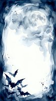 Watercolor night sky frame with full moon, clouds, and flying bats. Monochromatic blue and white composition with empty center space for text or design overlay.