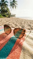 Stylish tortoiseshell sunglasses on colorful striped beach towel with tropical palm trees and sandy shore in background for summer vacation concept.