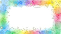 Colorful watercolor rainbow border frame with stars hearts clouds and swirls on white background for greeting cards invitations and creative designs.