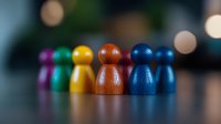 Colorful wooden game pieces lined up showing diversity and teamwork concept with selective focus on orange and blue figures against blurred background.