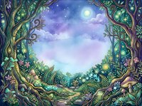 Enchanted forest landscape with glowing trees, magical moonlit sky, and luminescent foliage framing a mystical woodland scene. Suitable for fantasy artwork, book illustrations, and digital design projects.
