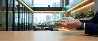 Businessman hands holding holographic digital globe in modern office environment representing global business technology and international connectivity solutions.