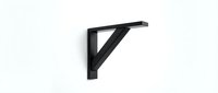 Black metal shelf bracket with triangular support design isolated on white background for home improvement and carpentry projects.