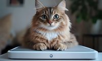 Fluffy brown tabby cat with bright blue eyes lying on digital weight scale, looking directly at camera. Long-haired feline displaying curious expression.