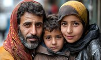 Middle Eastern family portrait showing father with beard, young son, and daughter in hijab, representing refugee crisis, displacement, and family bonds.