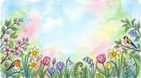 Watercolor spring garden border with colorful flowers, birds, and pastel sky, leaving open copy space for text or seasonal greeting designs.