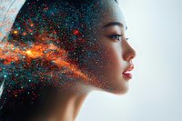 Young African American woman in profile view with glowing cosmic effect, sparkles and galaxy elements blending into her silhouette against light background.