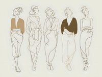 Minimalist line art fashion illustration featuring five stylish women in contemporary outfits with elegant poses on neutral beige background.