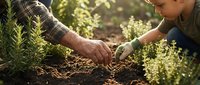 Two people planting seedlings together in rich soil outdoors, hands working cooperatively in garden bed surrounded by green plants for teamwork concept.