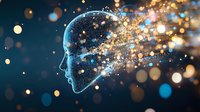 Glowing human head silhouette with golden particles and bokeh lights dispersing on dark blue background, representing artificial intelligence and mind transformation.
