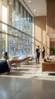 Businessman holding holographic display showing diverse personas, inclusive design, and accessibility innovation in modern office lobby with colleagues.