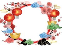Chinese New Year frame with red lanterns, cherry blossoms, gold ingots and colorful clouds on white background for festive greeting cards and decorations.