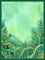Watercolor botanical frame with ornamental gold leaf flourishes and decorative foliage borders on soft green gradient background, suitable for invitations and design templates.