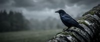Black crow perched on moss-covered stone wall against dramatic stormy sky with dark clouds and misty forest landscape creating moody atmospheric scene.