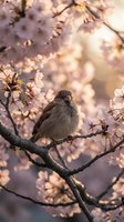 Small sparrow perched on blooming cherry blossom branch in soft golden sunlight creating peaceful spring nature scene with delicate pink flowers and warm bokeh.