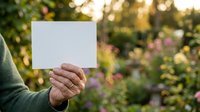 Person holding blank white card in garden with blooming flowers and green foliage in soft sunlight, suitable for mockups and promotional messaging.
